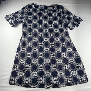 Always Indigo Navy White Medallion Ruffle Sleeve Shift Dress 2X XCT125